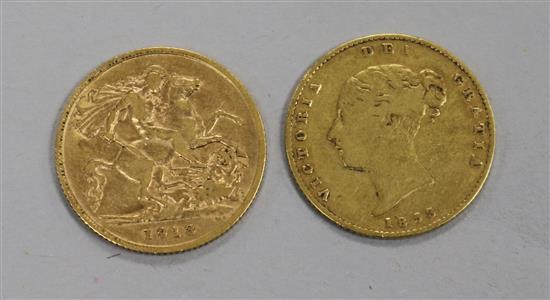 Two gold half sovereigns, 1853 and 1913.